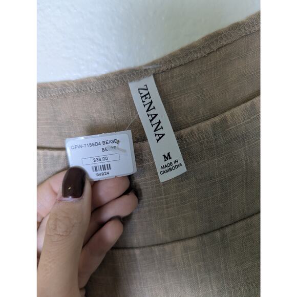 NWT Zenana Linen Blend Knot Brown Beige Overall Romper Shorts Women M Beachy - Picture 7 of 14